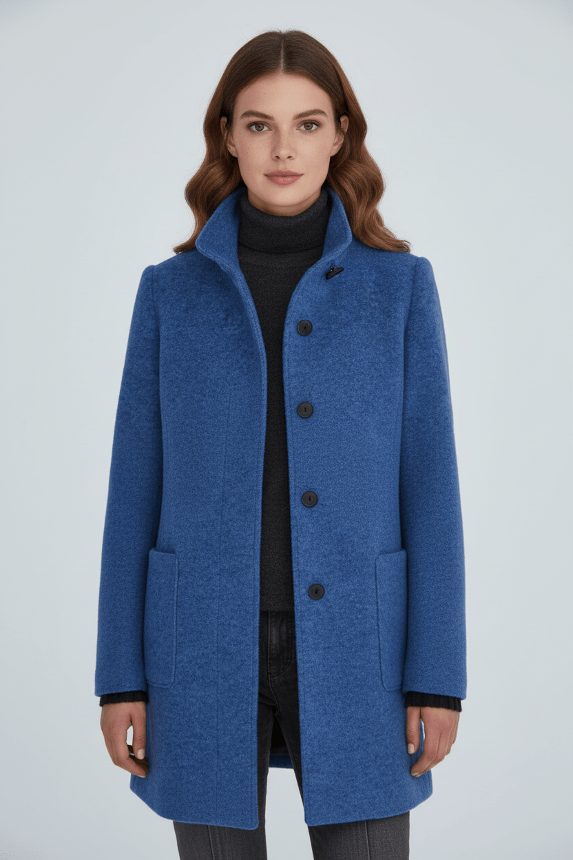 Damen Langer Mantel | Stehkragenjacke mit taillierter Passform und Knopfleiste