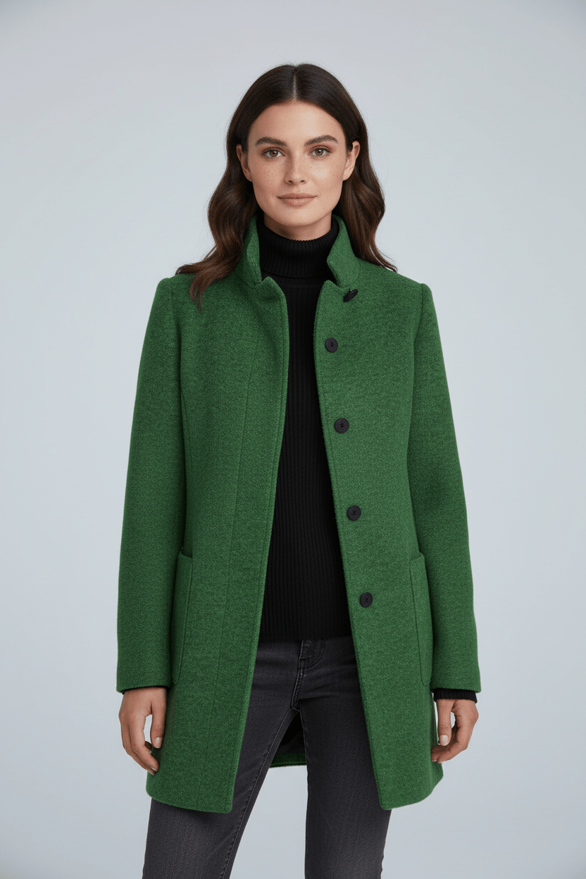 Damen Langer Mantel | Stehkragenjacke mit taillierter Passform und Knopfleiste