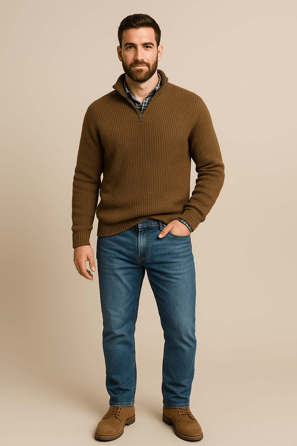 Herren-Half-Zip-Pullover – Gerippter Strickpullover mit hohem Kragen