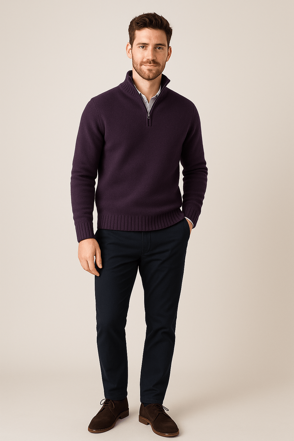 Herren Quarter-Zip Pullover – Gerippter Strickpullover mit hohem Kragen