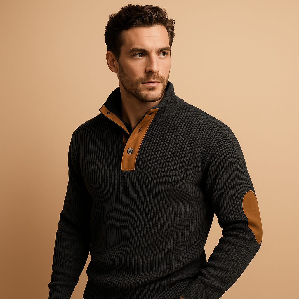 Herren Rippstrick Baumwollpullover mit Knopfkraagen – Lässiger Pullover