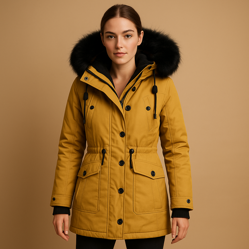 Damen Lange Wasserdichte Winterjacke mit Kunstfellkapuze
