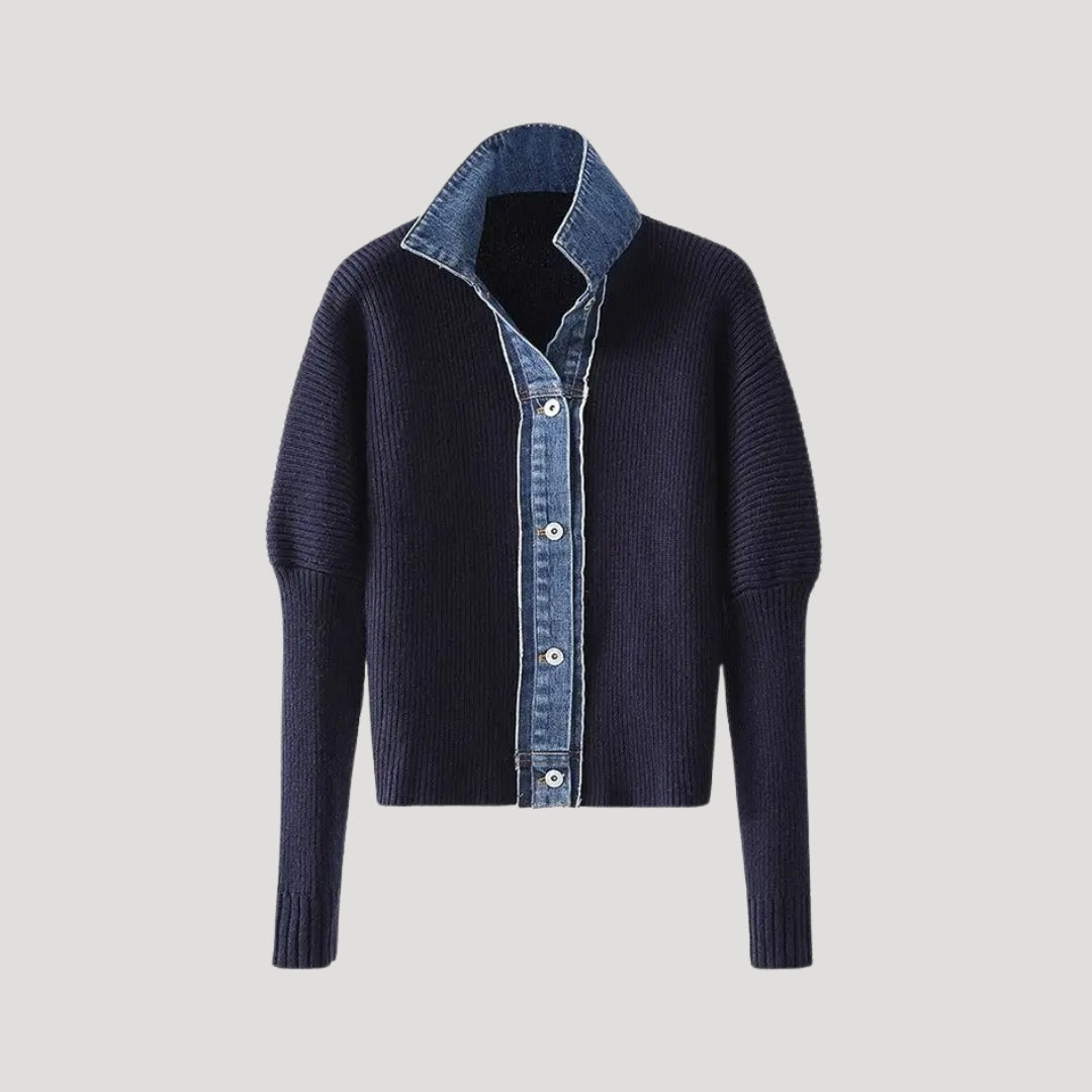 Damen Strickjacke mit Denim-Besatz | Eleganter Kontrast und moderner Stil