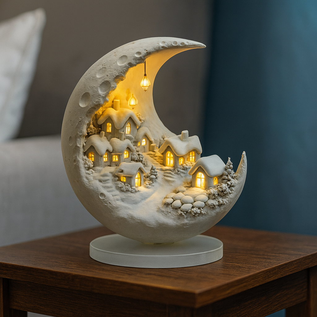 Dekorative Lampe Mond Acryl Beleuchtung Winterdorf Tischfigur