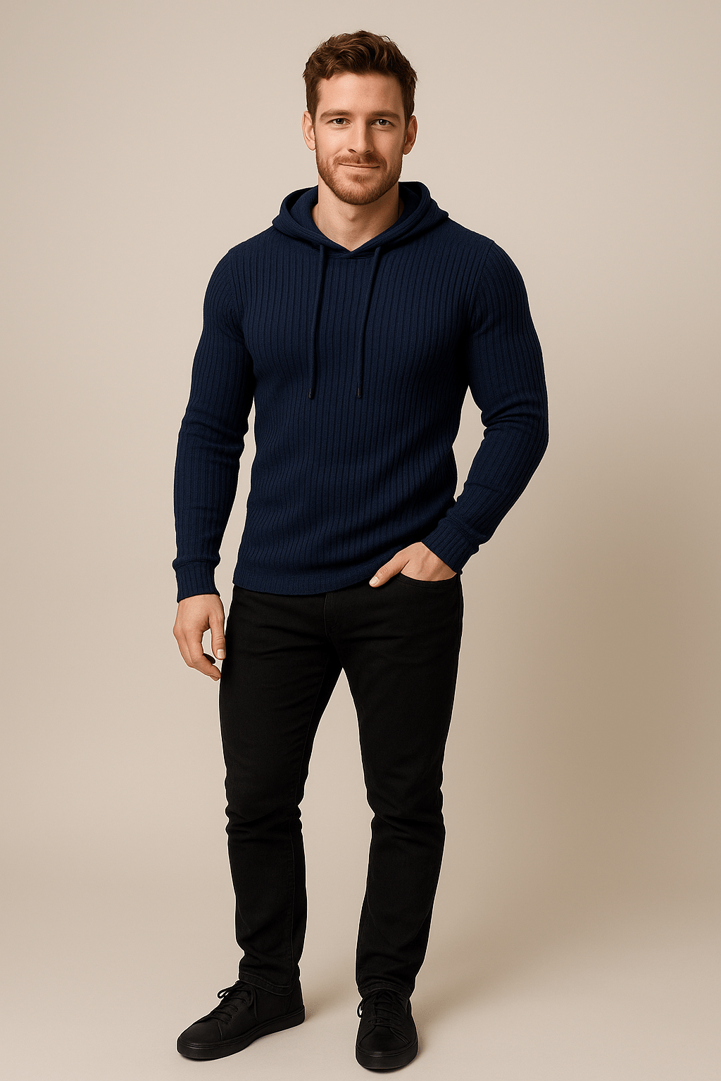 Herren Rippstrick Hoodie – Slim Fit mit Kordelzug