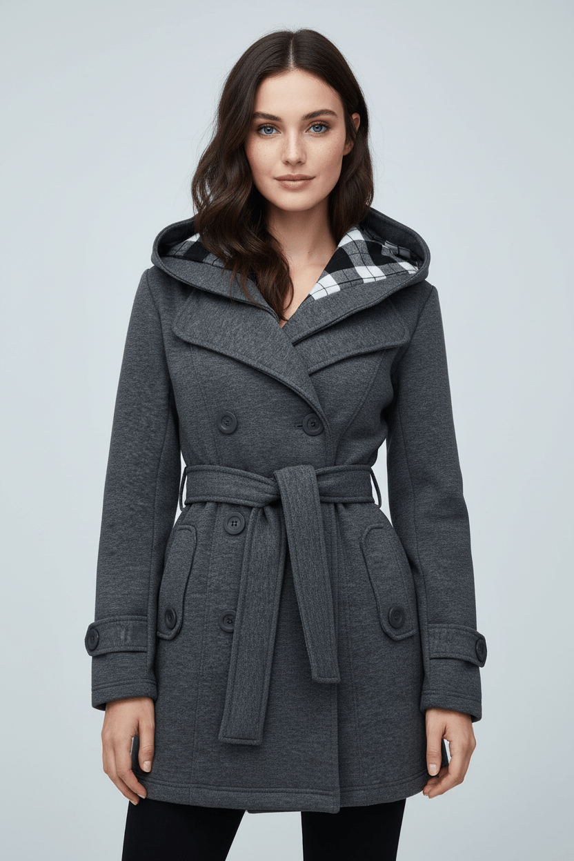 Damen Doppeltknopf-Hoodie-Mantel mit Gürtelschnitt