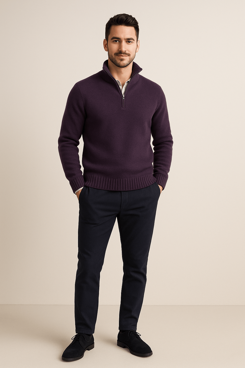 Herren Quarter-Zip Pullover – Gerippter Strickpullover mit hohem Kragen