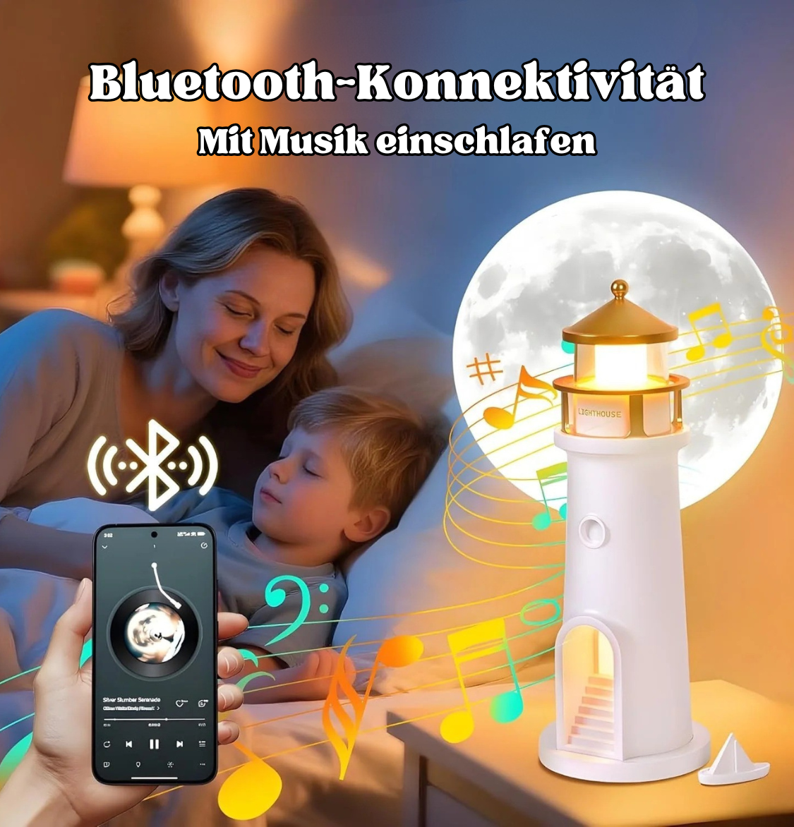 Mondlicht Projektor Lampe | Leuchtturm Nachtlicht mit Bluetooth Lautsprecher | Lunavara